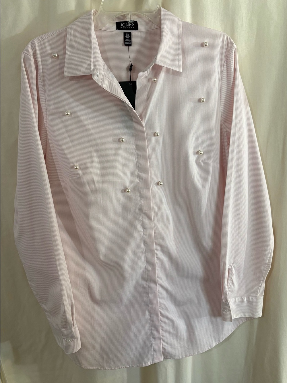 Jones New York Pale Pink Pearl-Trim Button-Down Blouse